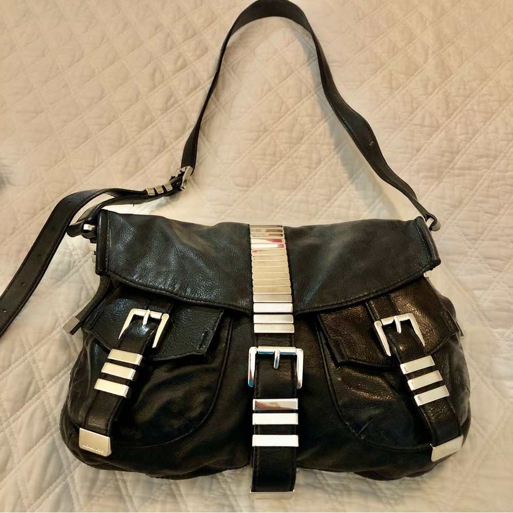 Michael Kors Black Leather Vintage Shoulder Bag with Silver Accents